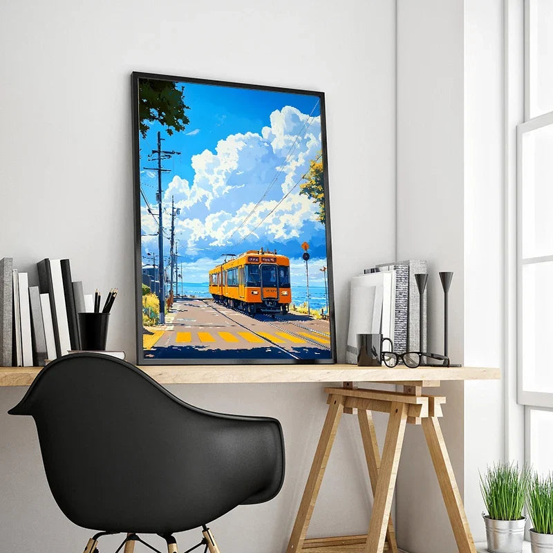 Japanese Anime Landscape Canvas Print | Tram Train Ocean Wall Art