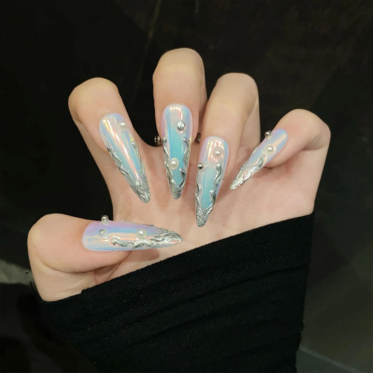 Y2K AB Cat's Eye Press On Nails – French Almond Tips 10pcs