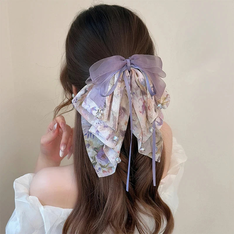 Floral Bow Bead Shark Clip – French Elegant Hair Claw