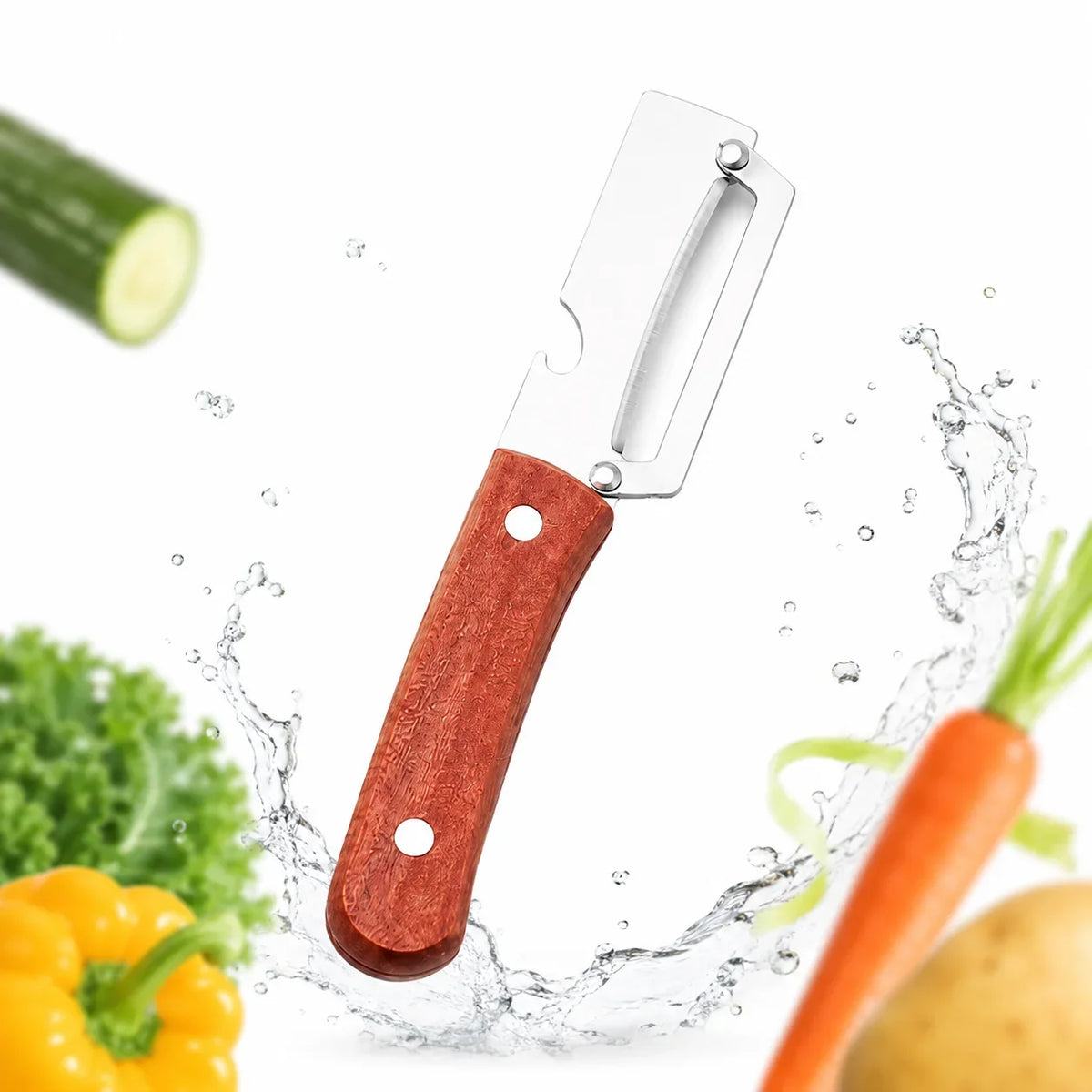 Stainless Steel Vegetable Peeler with Wooden Handle & Bottle Opener