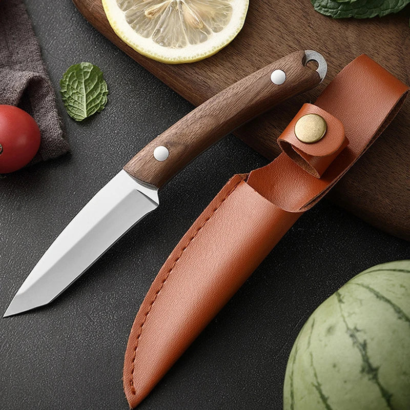 Sharp Stainless Steel Fruit Knife – Solid Wood Handle & Sheath