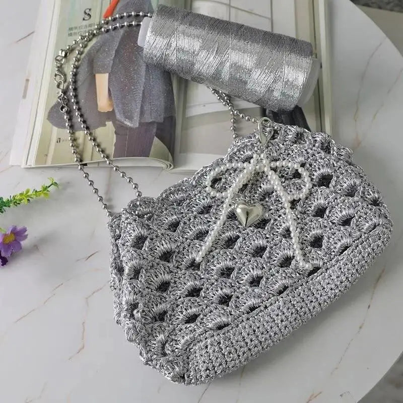 200M Silver Silk Yarn – Shiny Crochet & Knitting Thread Roll