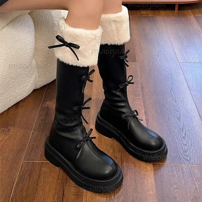 Women's Mid-Calf Zip Boots – Butterfly-Knot PU Leather Booties