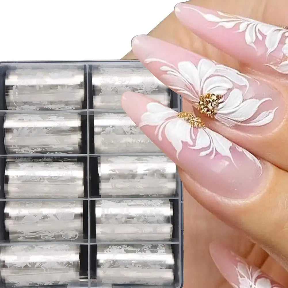 10-Roll Plaid & Flower Nail Foil Transfer Stickers | Nail Decals