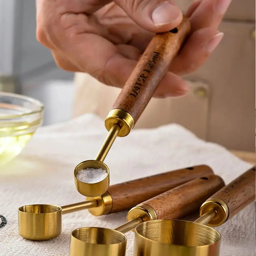 Wooden Handle Stainless Steel Measuring Cups & Spoons Set