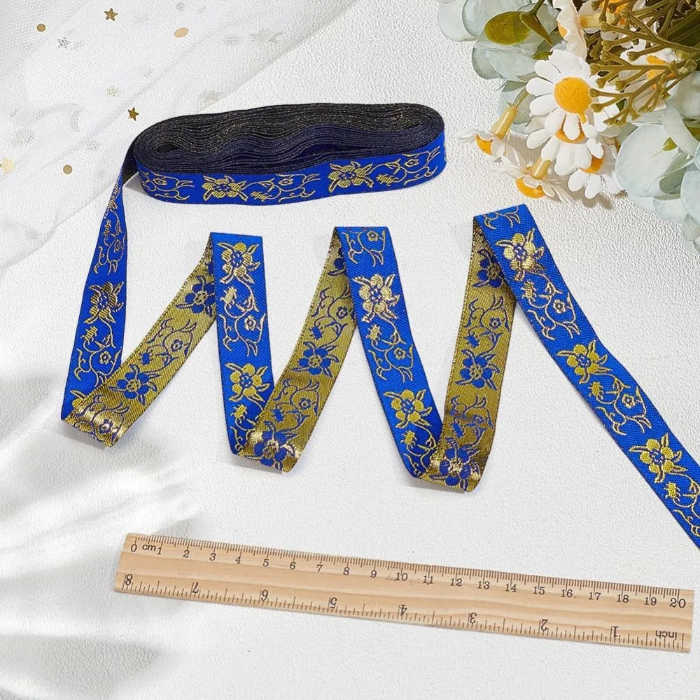 Blue Ethnic Jacquard Ribbon 20mm – Boho Floral Trim 7.7 Yds