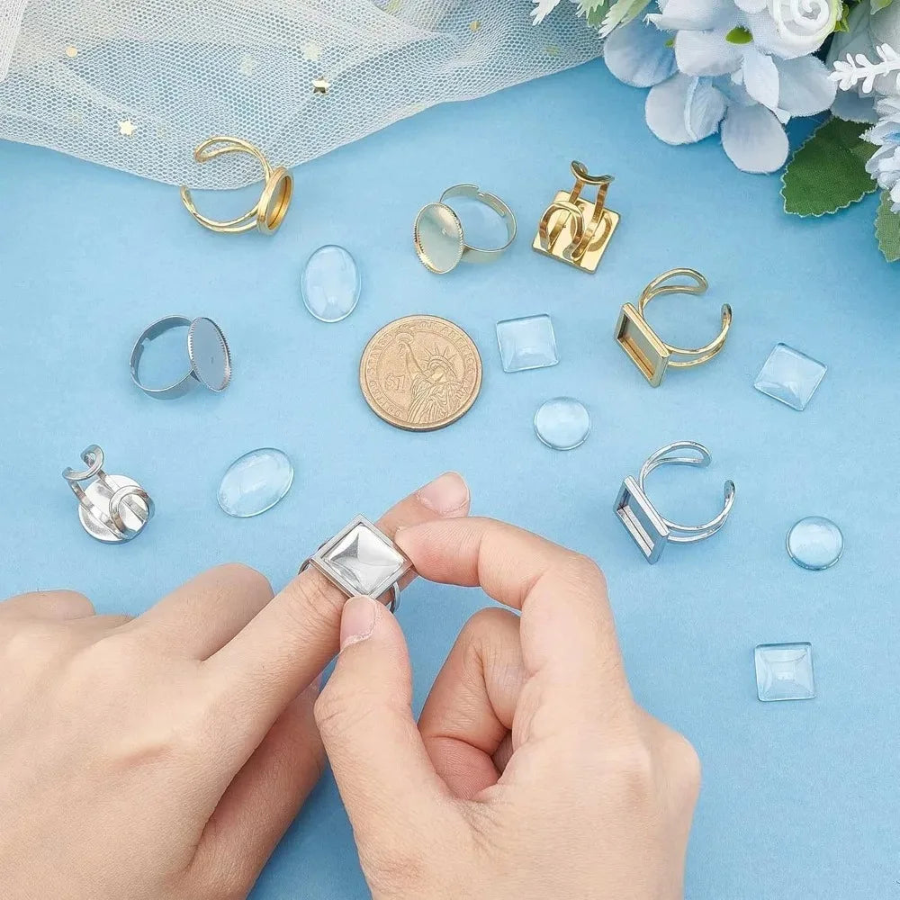 24Pcs Adjustable Ring Blanks & Bezel Tray DIY Jewelry Kit