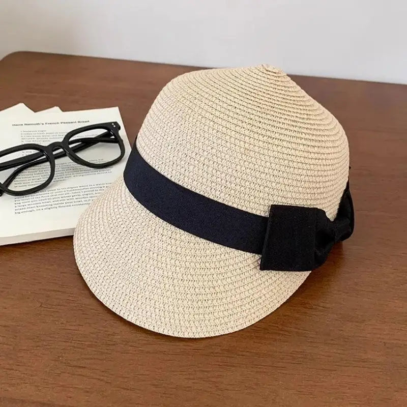 Women's Vintage Straw Sun Hat – French Flat Top Bow Beach Cap