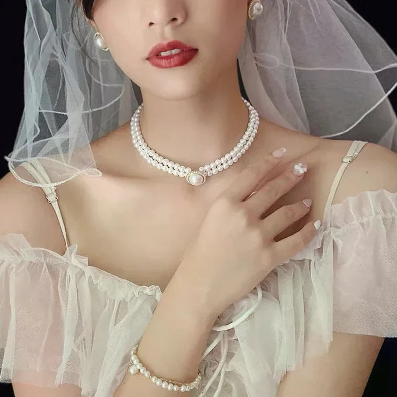 Fashion Double Layer Pearl Pendant Necklace Earrings Jewelry Ladies