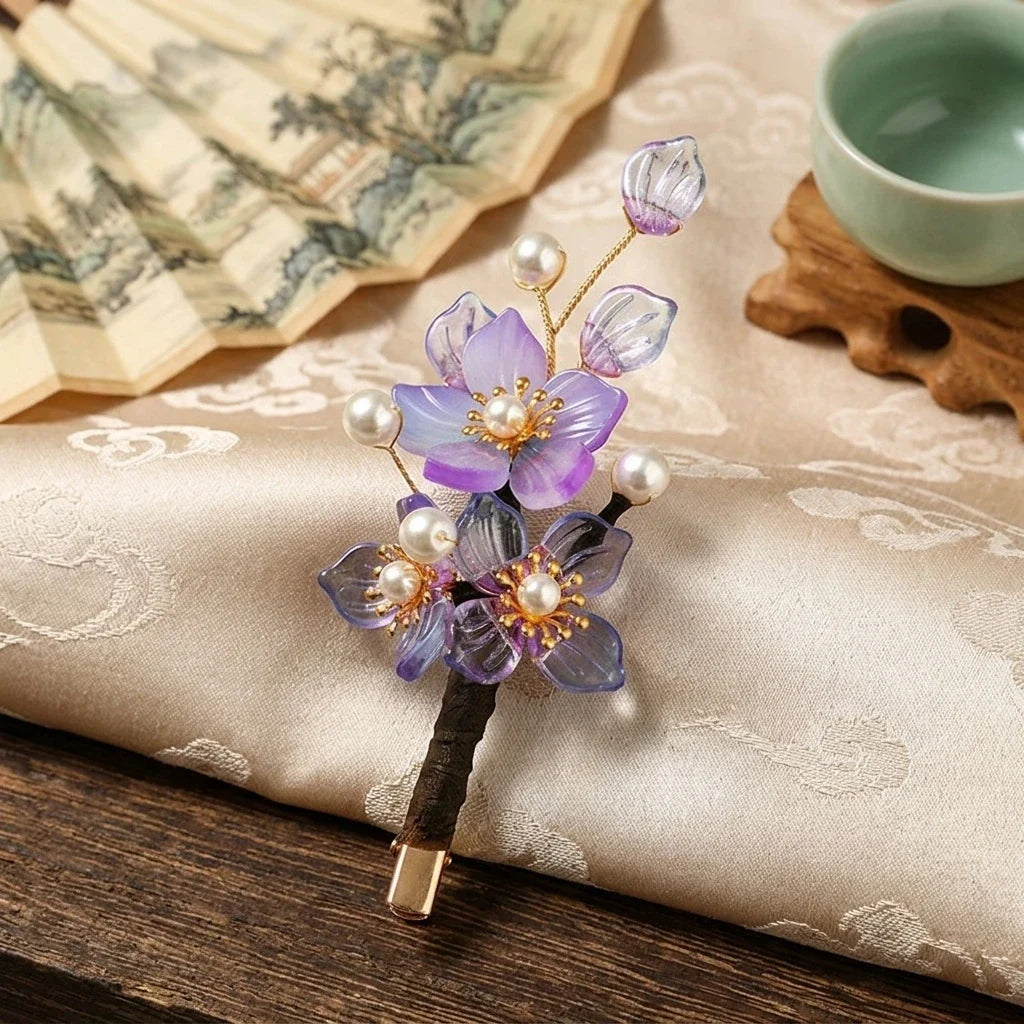 Vintage Gradient Glass Flower Hairpin for Hanfu | Hair Accessory