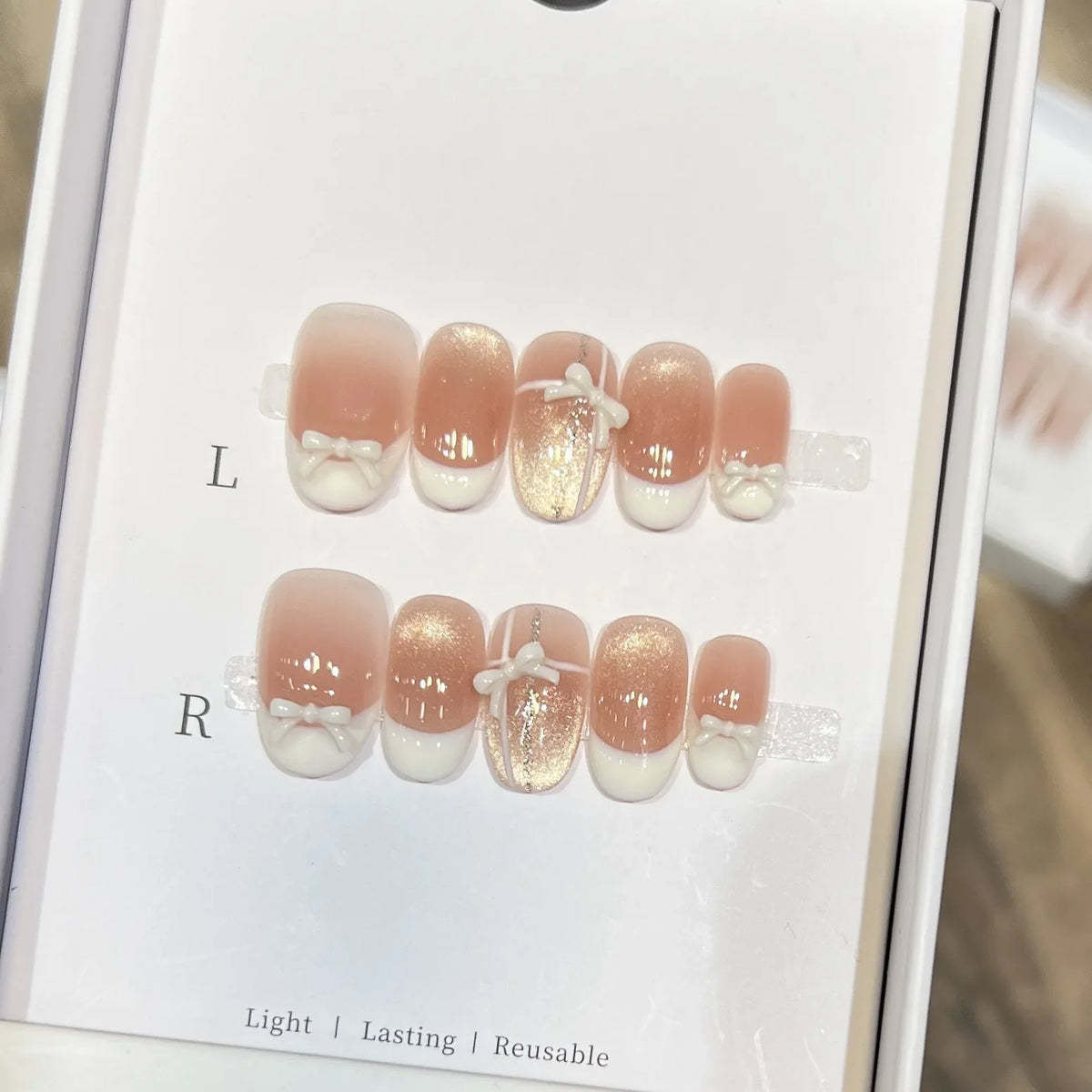Handmade French Cat Eye Press On Nails – White Bow Short Round