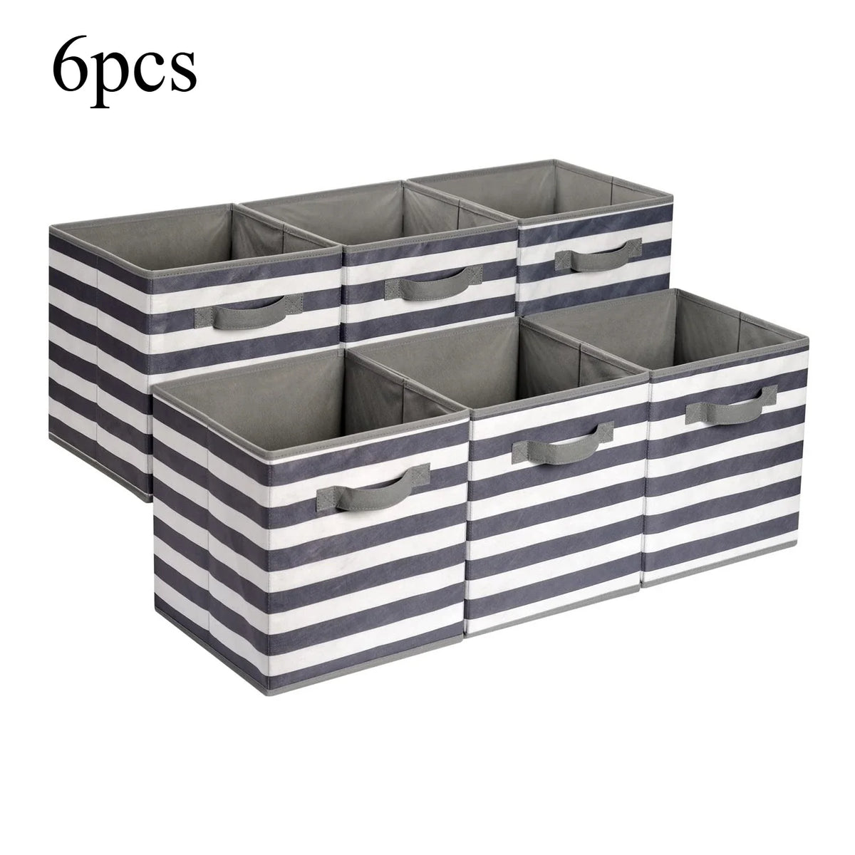 6-Pack Collapsible Fabric Storage Bins with Handles | Grey Stripe