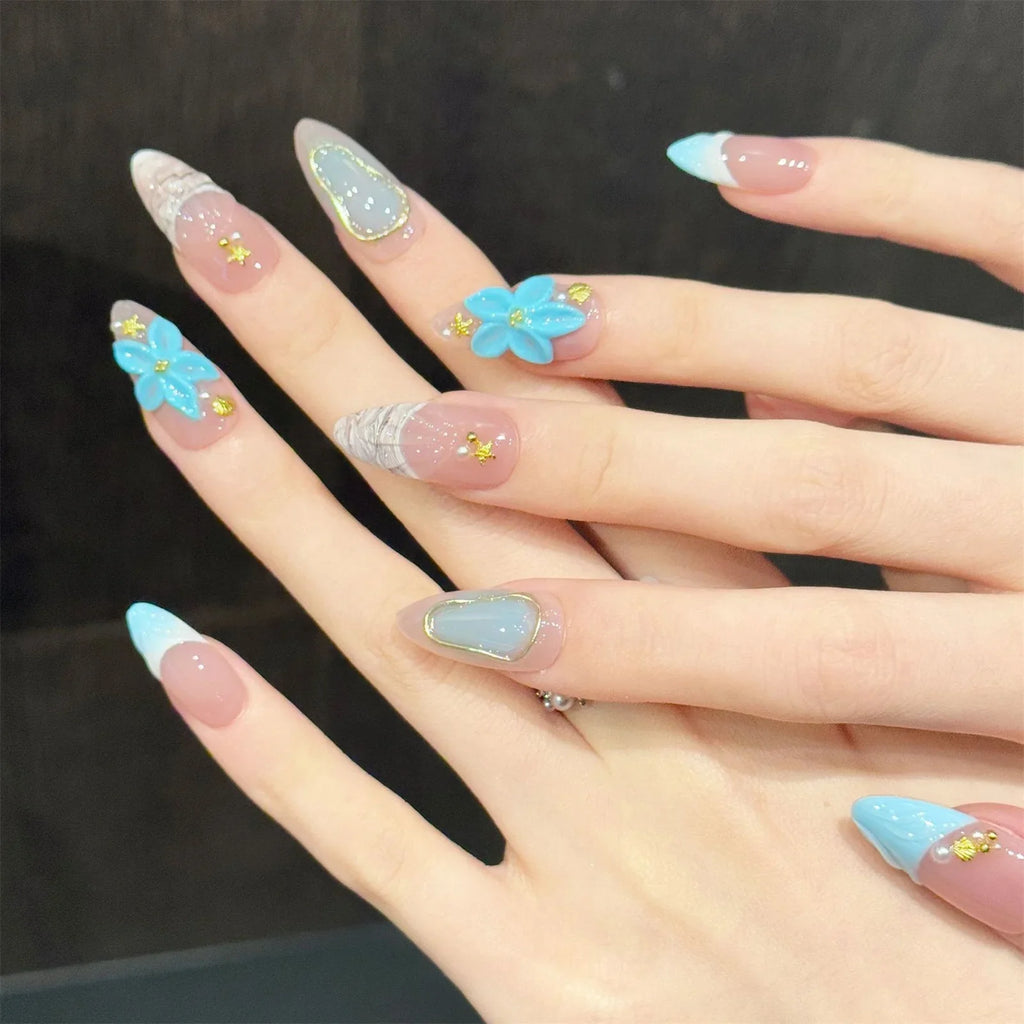 YADORNOS 3D Floral Almond Press-On Nails | Ocean Style 10pcs