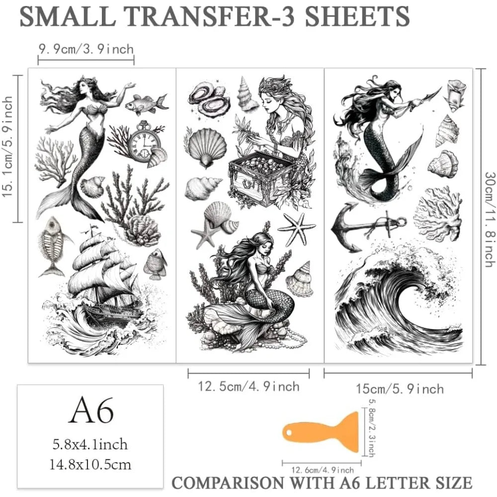 Mermaid Rub-On Transfers for Furniture & Crafts | 3-Sheet Set