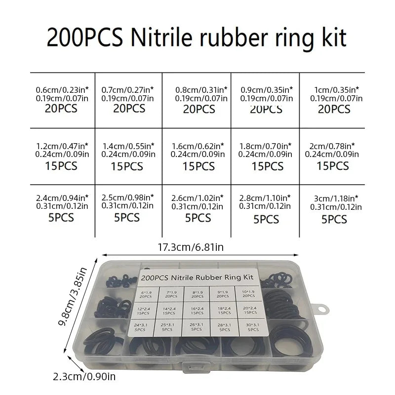 200pc Rubber O-Ring Assortment Kit – Multi-Size Gasket Seals