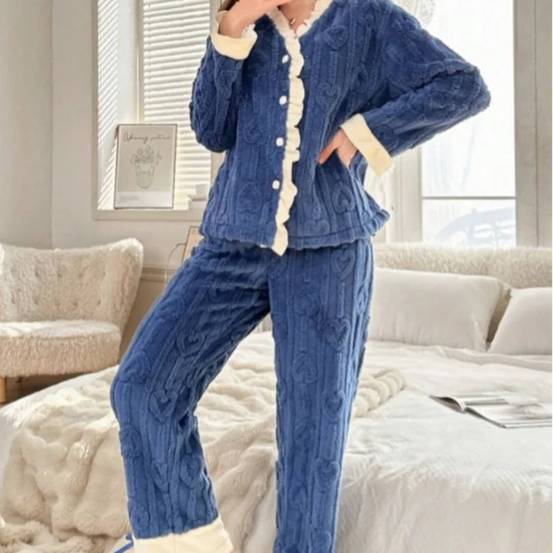 Women's Thickened Pajama Set – Soft Cardigan & Long Pants