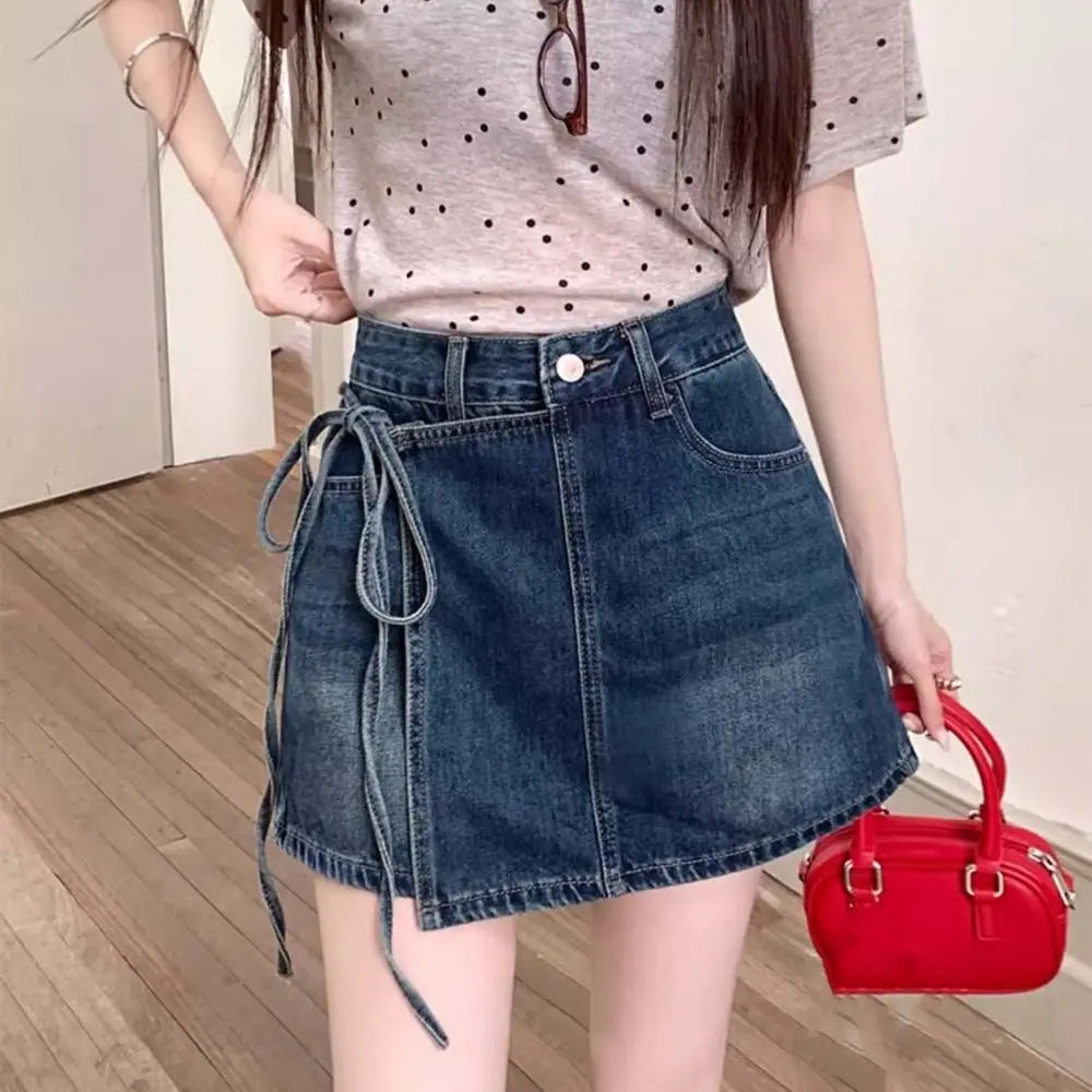 Y2K High Waist Denim A-Line Skirt – Lace-Up Wide Leg Blue Jean