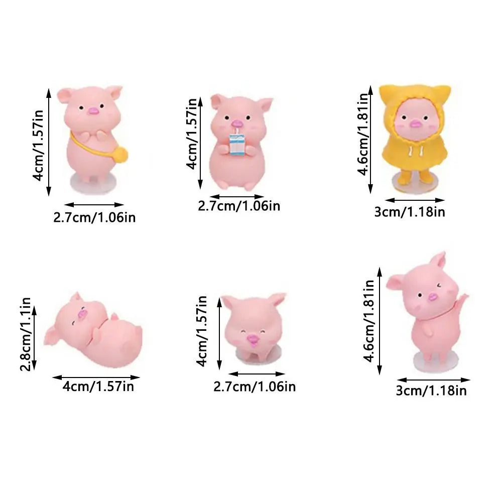 6-Piece Mini Flocked Piggy Car Dashboard Ornament Figures