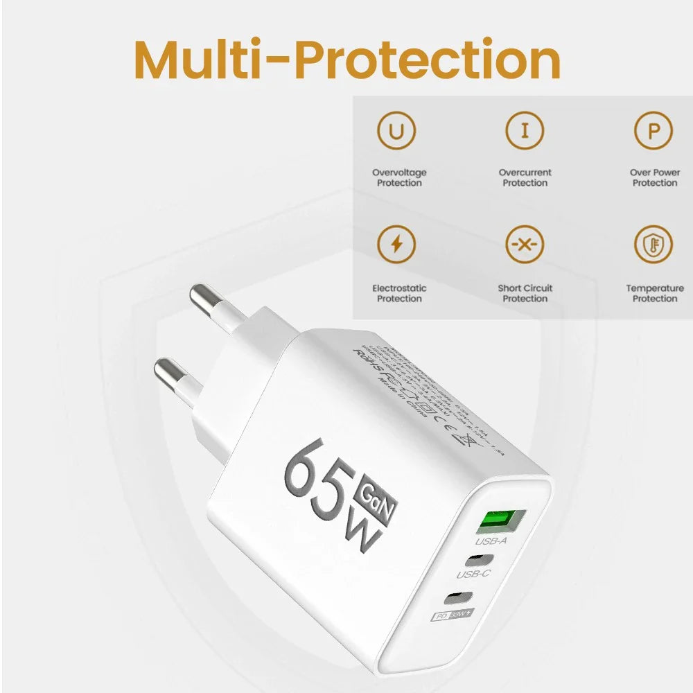 65W GaN 3-Port USB-C PD & QC3.0 Fast Travel Charger