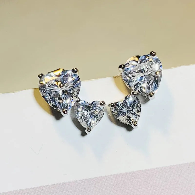 Huitan Double Heart CZ Stud Earrings – Silver Tone Women's Jewelry