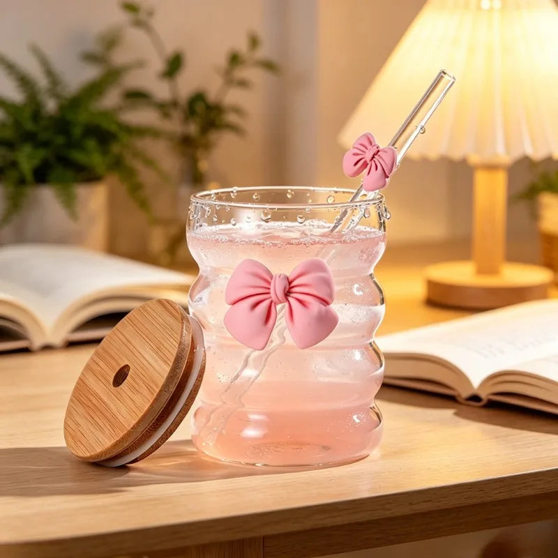 KEMORELA 300ml Butterfly Glass Cup with Lid & Straw