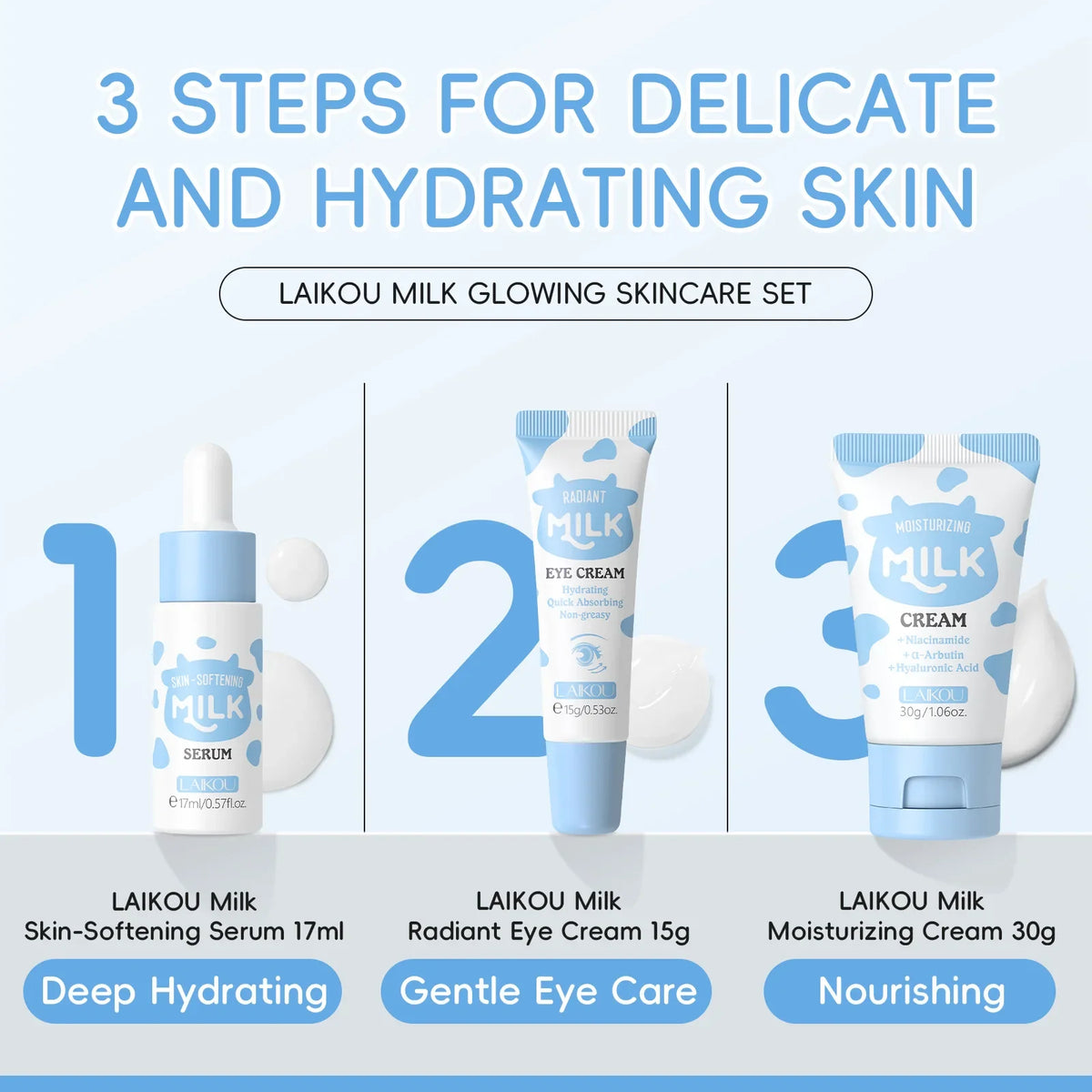 LAIKOU Milk Skincare Set – Niacinamide, Hyaluronic Acid, 3pcs