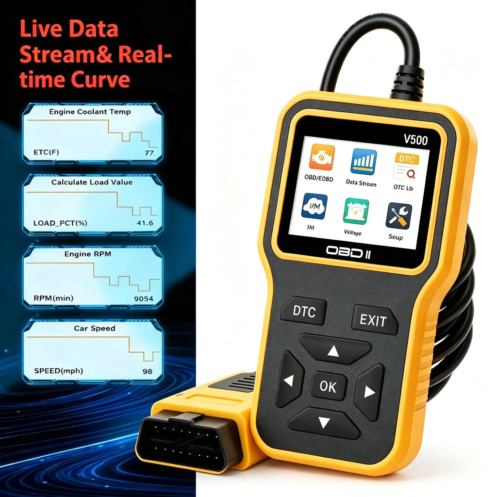 V500 OBD2 Scanner – Engine Code Reader & Battery Tester