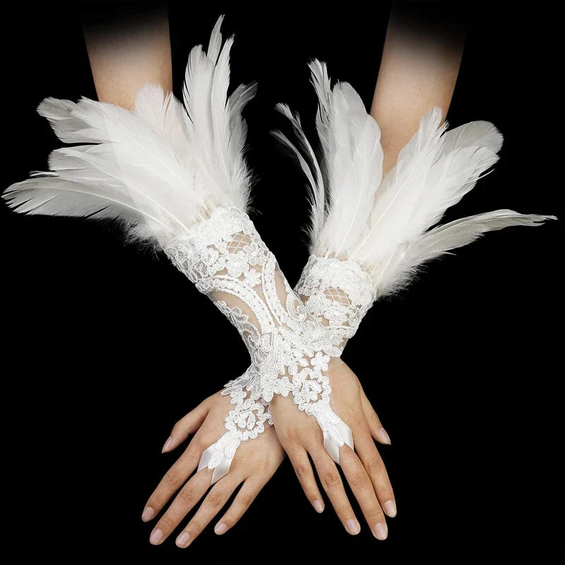 Punk Gothic Gloves Feather Wrist Cuff Carnival Stage Show Showgirl