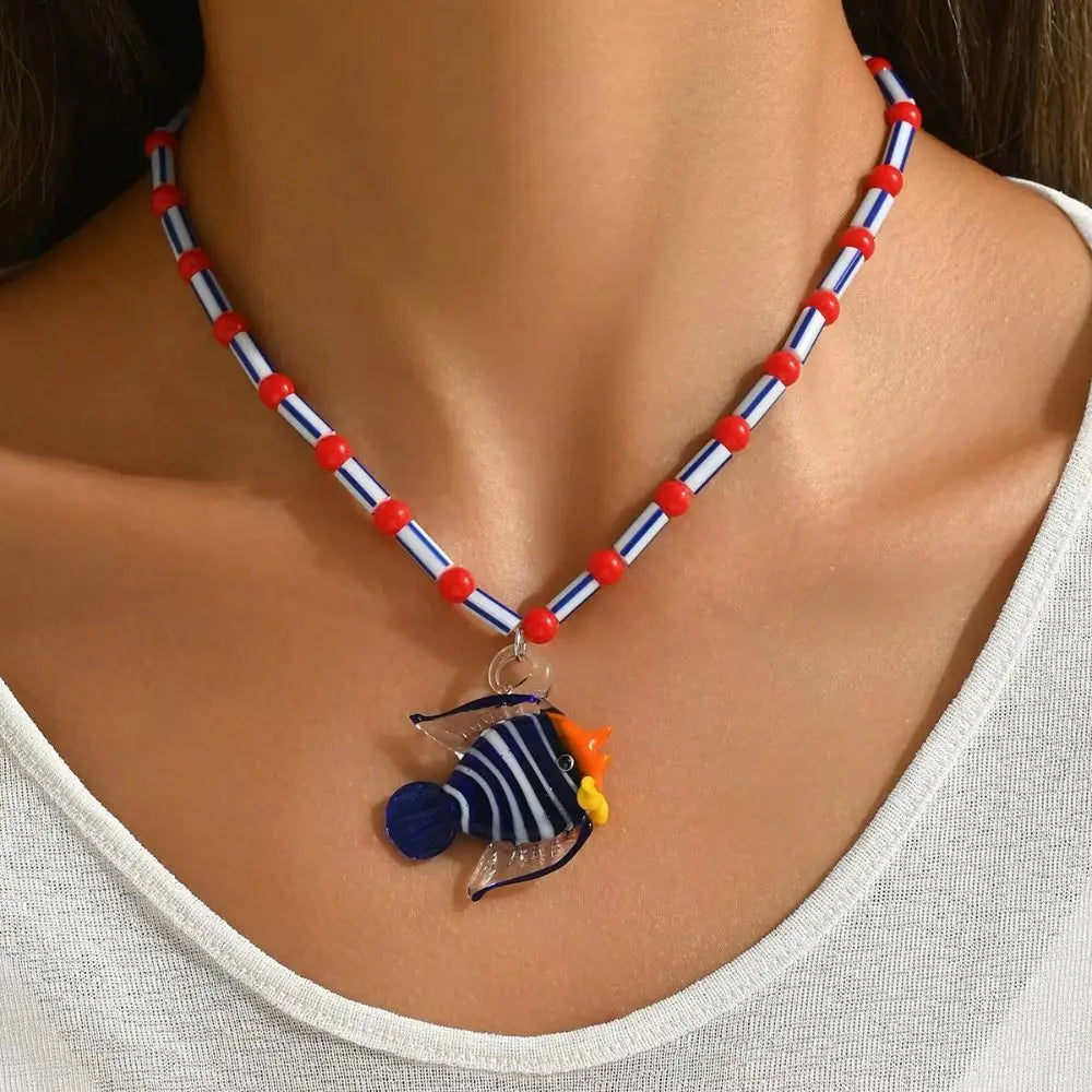 Colorful Glass Beaded Seahorse Fish Pendant Necklace
