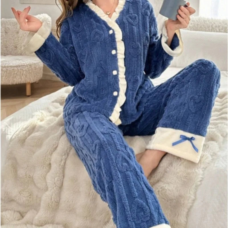 Women's Thickened Pajama Set – Soft Cardigan & Long Pants