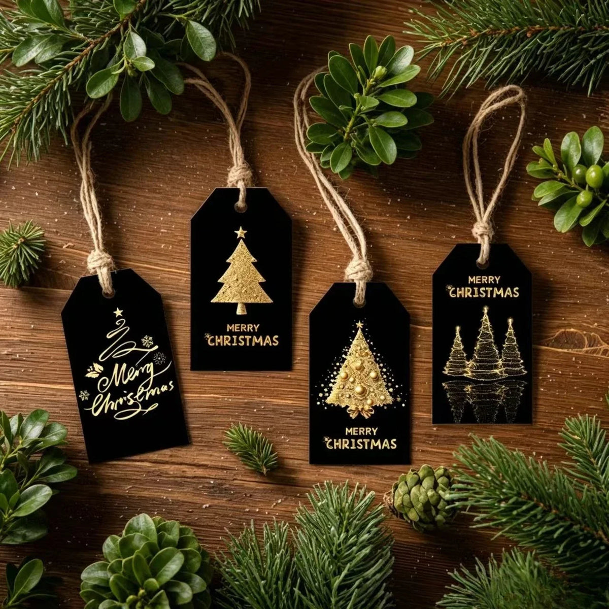 48 PCS Black Gold Gift Tags with Hemp Rope | Party & Wrapping