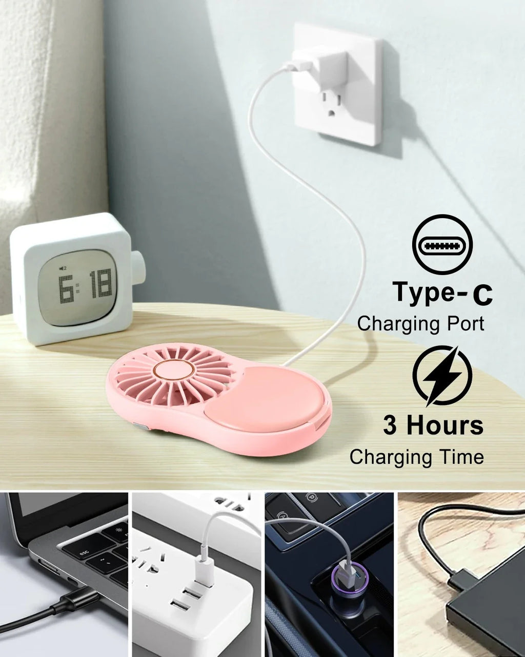 URGGU Mini Pocket Fan with Mirror & Light | USB-C Rechargeable