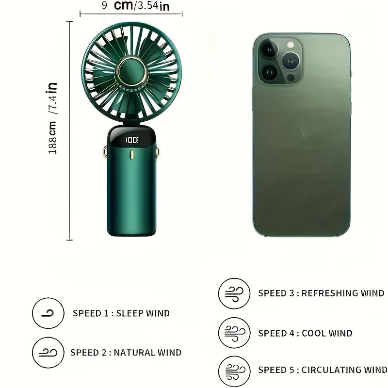 Portable Mini Fan – 6-Speed USB Rechargeable Foldable LED Fan