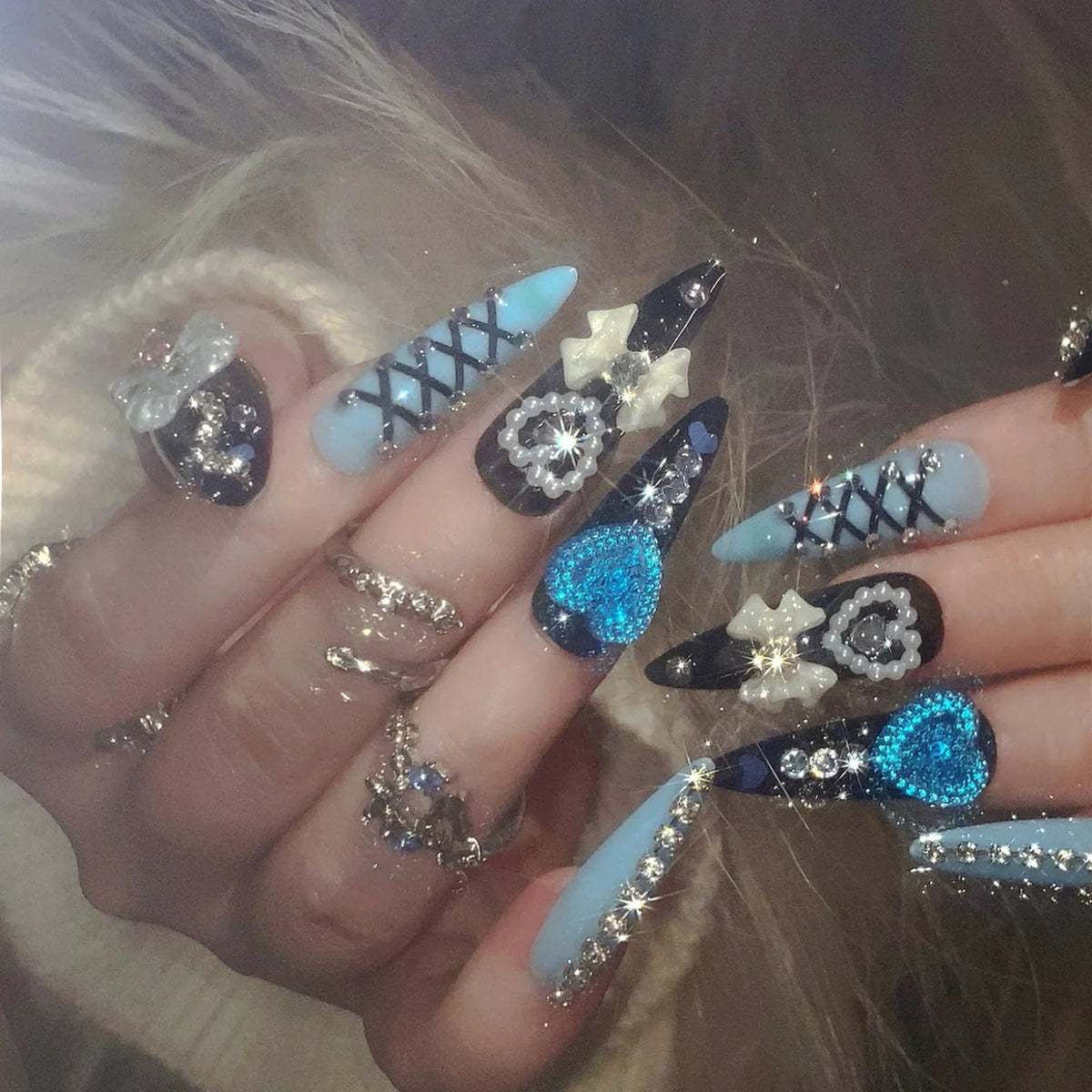 24pcs 3D Bow Press On Nails | Y2K Glitter Rhinestone Almond Set