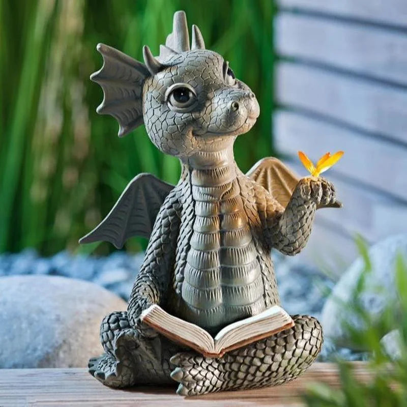 Cute Dragon Dinosaur Reading Book Resin Figurine Garden Decor