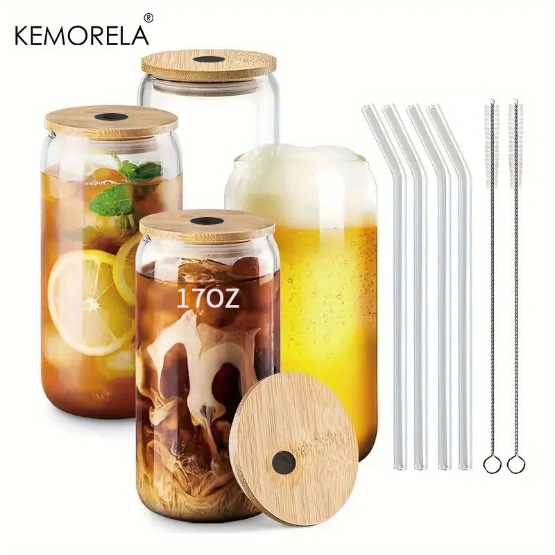 KEMORELA 17oz Drinking Glasses with Glass Straw Set of 4