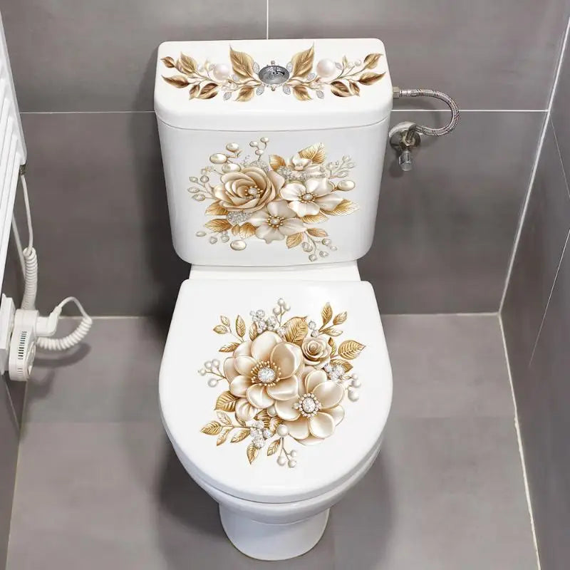Gold Pearl Floral Toilet Sticker – Waterproof Bathroom Decal