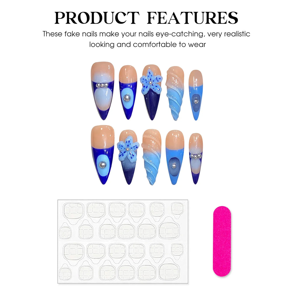 Press-On Nails Sea Blue Starfish 3D Pearl Long Pointed French Tips