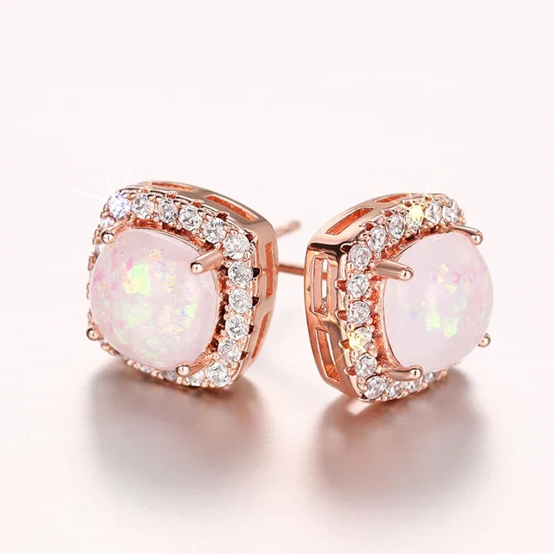 Huitan Opal Stud Earrings – Cubic Zirconia Silver & Rose Gold
