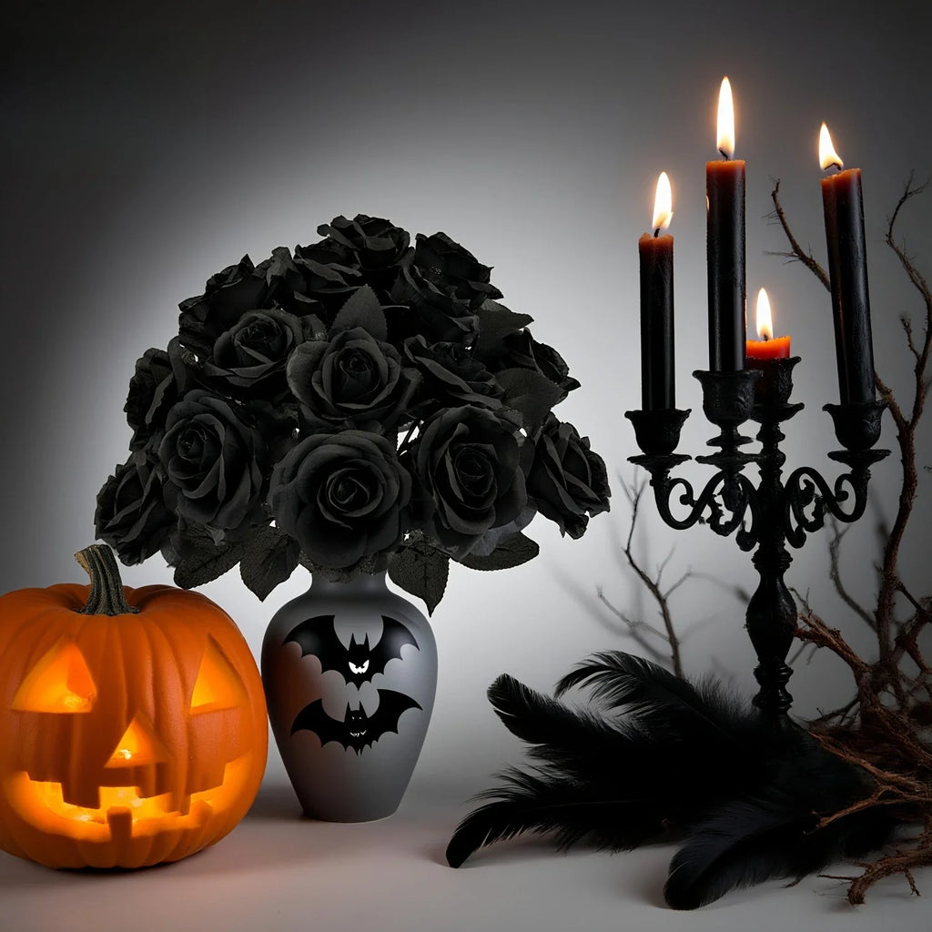 9-Bundle Black Artificial Rose Bouquet – Faux Flowers Decor