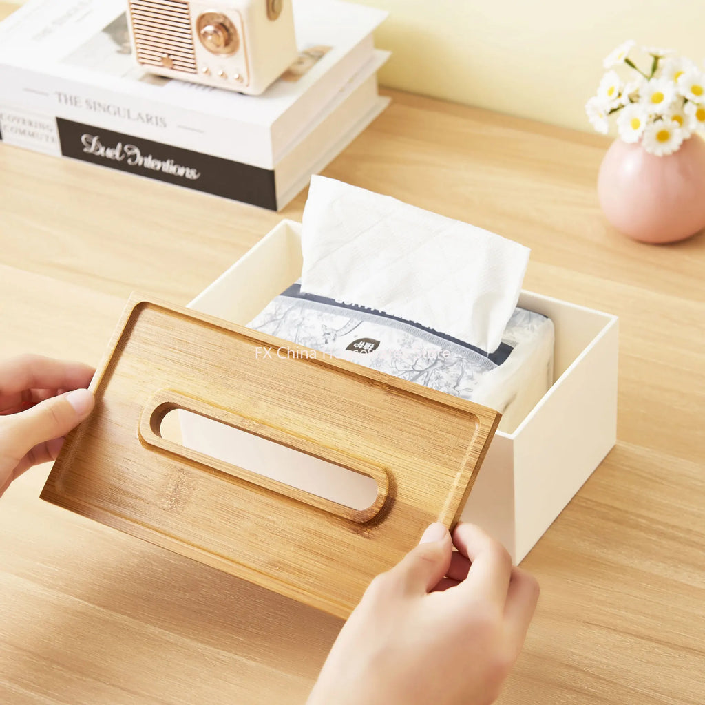 Japanese Bamboo Lid Tissue Box Holder Plastic Desktop Organizer