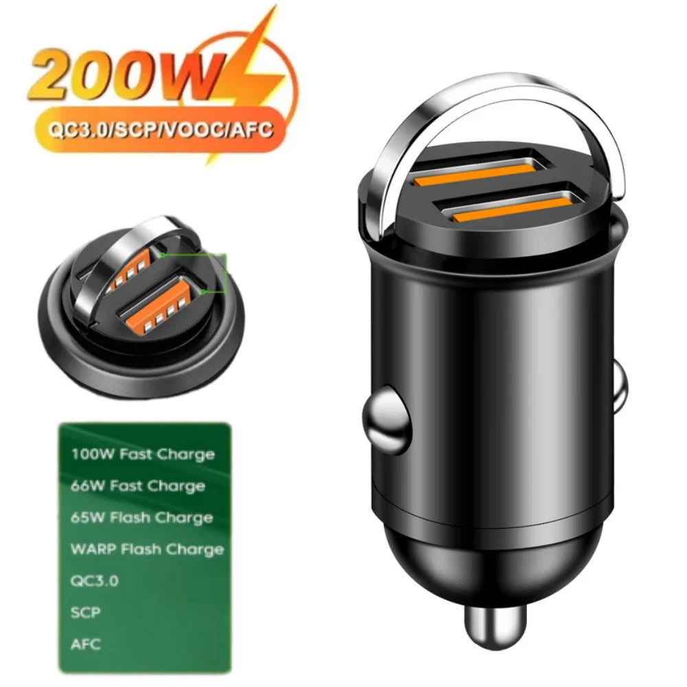 Dual Port 100W/200W Mini Car Charger USB-C Fast Charging Adapter