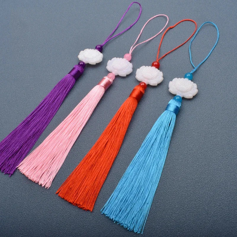 White Jade Lotus Fringe Trim Bookmark Silk Tassels Pendant DIY Sewing