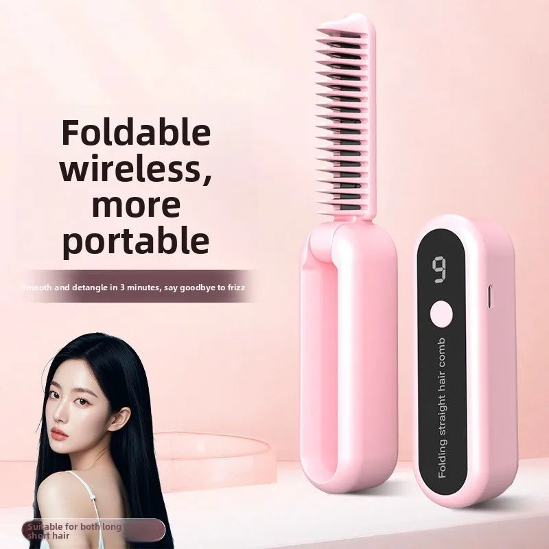 Cordless Folding Hair Straightener & Curler Comb | Wireless