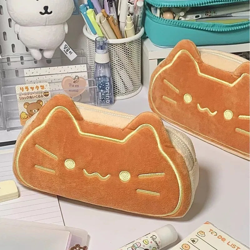 Cute Cat Caramel Bread Plush Pencil Bag Kawaii Student Large Capacity