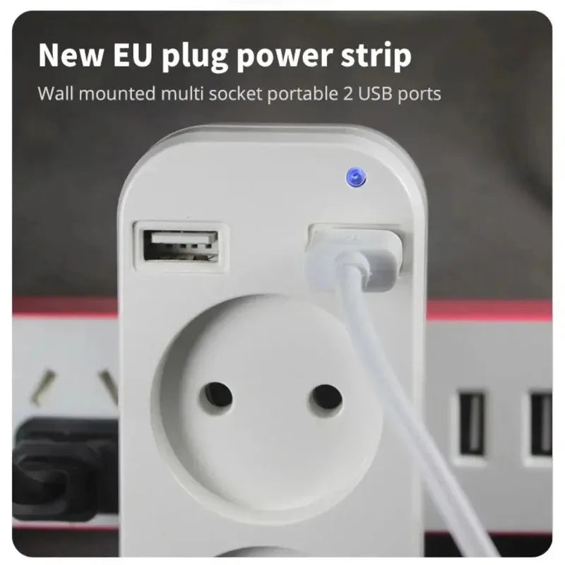 EU Plug Power Strip Adapter – 2 AC Outlets & 2 USB Ports, 1200W