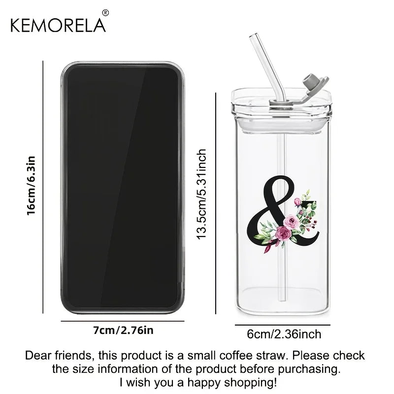 KEMORELA 300ml Letter-Shaped Glass Tumbler with Lid & Straw