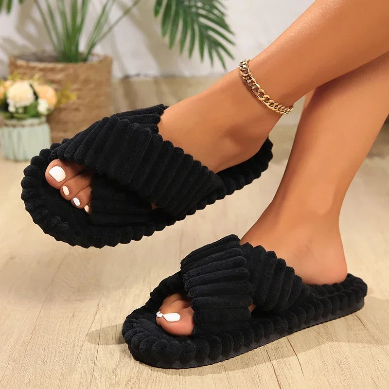 Women's Corduroy Cross Band Plush Slippers – Warm Indoor
