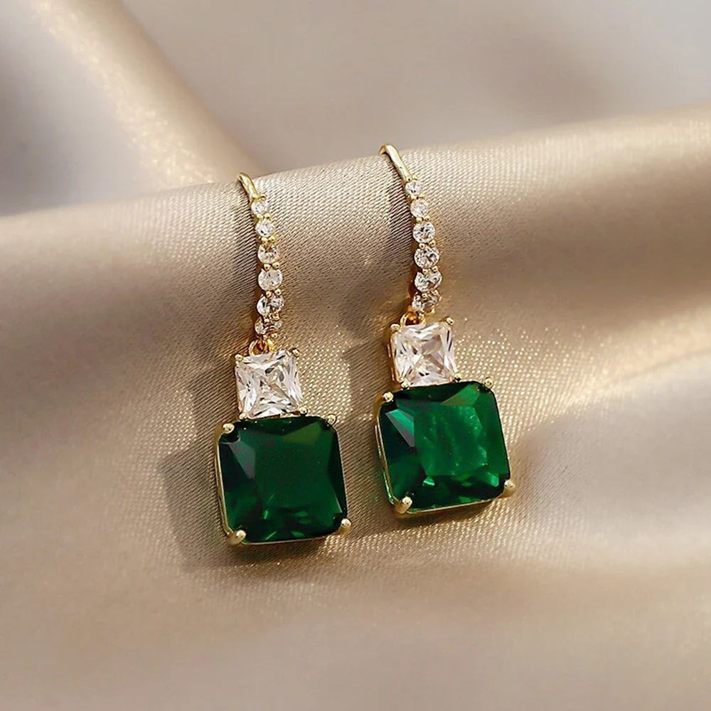 Huitan Green CZ Gold Drop Earrings – Geometric Fashion Jewelry