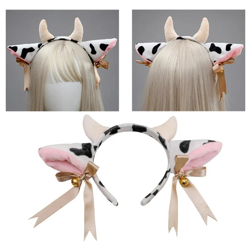 Cartoon Plush Cow Ears Horn Headband Small Bells Ribbon Bow Anime